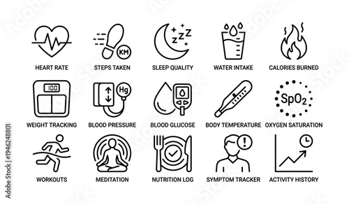 Health and fitness icons including heart rate, steps, sleep, water, and more