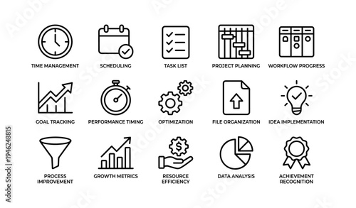 Business workflow and management icons for task scheduling and project planning