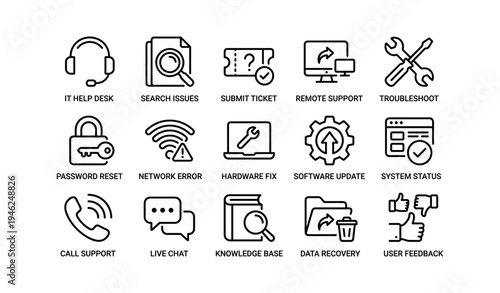 Technical support icons: it help, remote assistance, troubleshooting tools