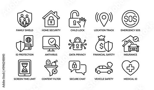 Safety and security icons: family shield, home security, data privacy, emergency sos