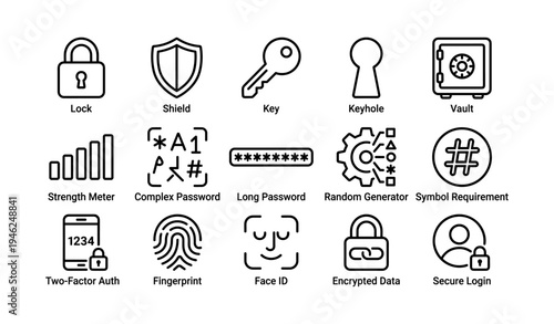 Security icons: lock, shield, key, biometric authentication, encrypted data symbols