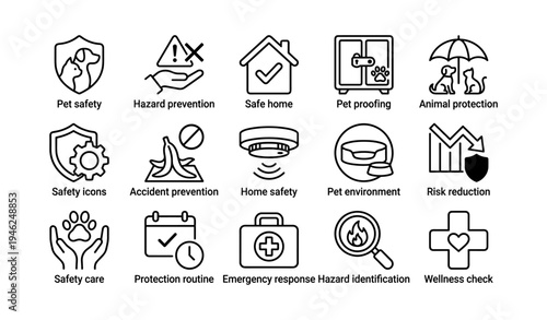 Pet safety icon set: hazard prevention and home protection symbols