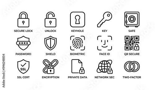 Cybersecurity icon set featuring locks, biometric, qr codes, and encryption symbols