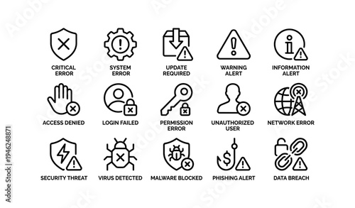 Security and system error icons: critical warnings and alerts overview