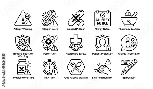 Allergy warning and healthcare icons for medical safety and information