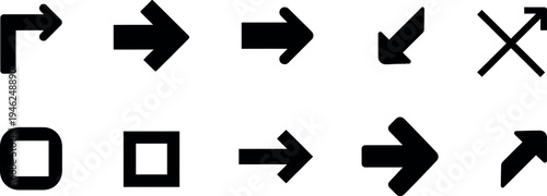 A collection of black arrow icons on a white background for navigation and direction