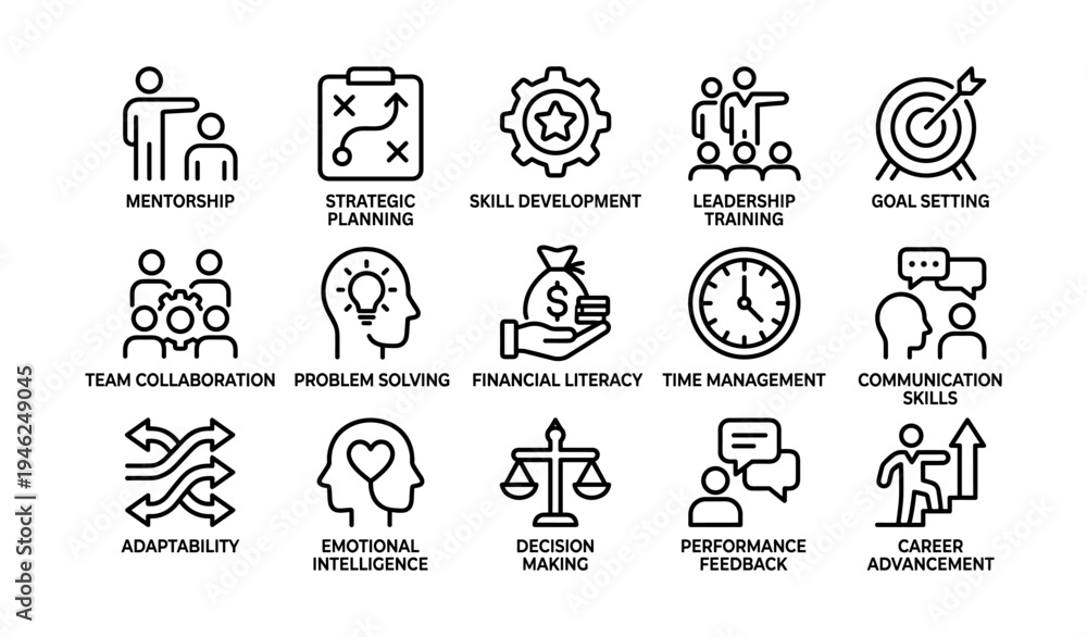 Fototapeta premium Icons representing career development skills in modern workplace