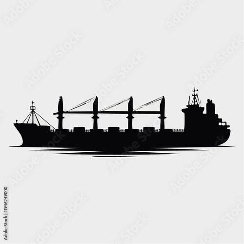 black silhouette of a cargo ship with containers on white background