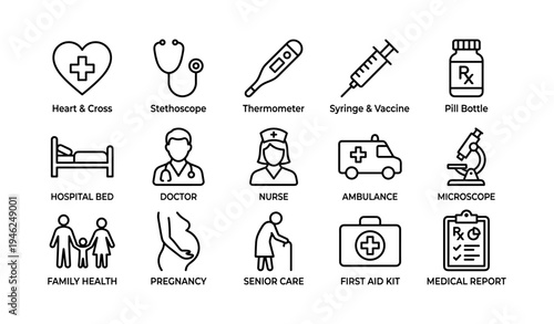 Medical icon set featuring health symbols and professionals