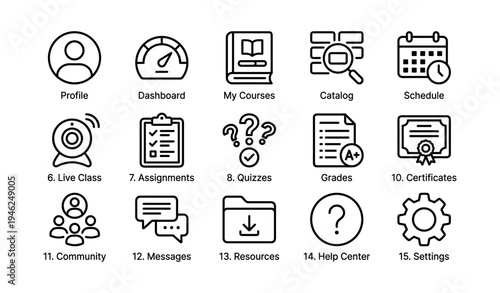 Online learning platform icons: courses, schedule, grades, certificates