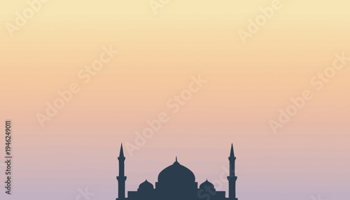 Silhouette of an Islamic mosque with minarets against a soft gradient sky at dawn or dusk