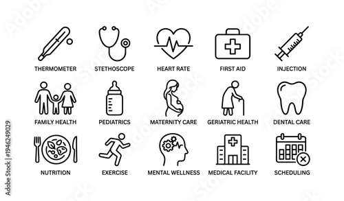 Healthcare icons: stethoscope, heart, maternity, dental, nutrition, exercise, mental health