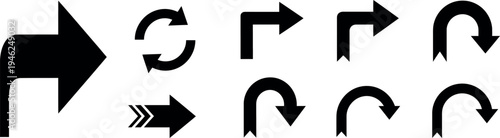 A collection of black arrow icons on a white background featuring various directional symbols