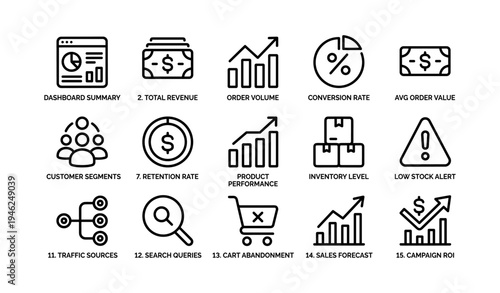 Business performance metrics icons set for data analysis and sales strategy