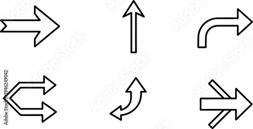 A set of six black and white directional arrows on a white background