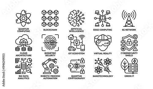 Innovative technology icons: quantum computing, blockchain, artificial intelligence, iot, cybersecurity