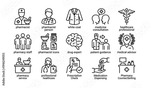 Healthcare icons: pharmacists, medical symbols, patient guidance, prescription