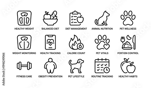 Icons illustrating health and wellness concepts including diet and pet care