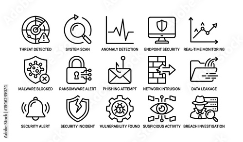 Cybersecurity icons: threats, alerts, and protective measures