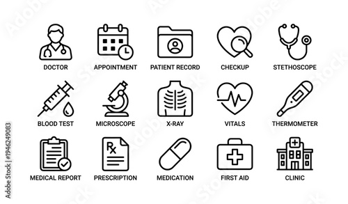 Medical icons set featuring doctor, records, and equipment