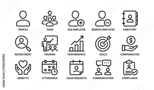 Hr management icons: recruitment, training, performance, goals, benefits, compliance