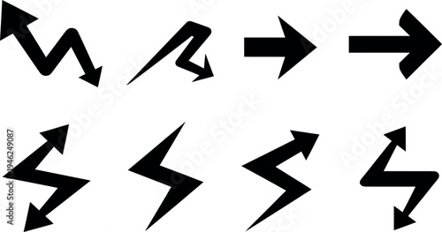 Collection of black arrows and lightning bolt symbols on white background