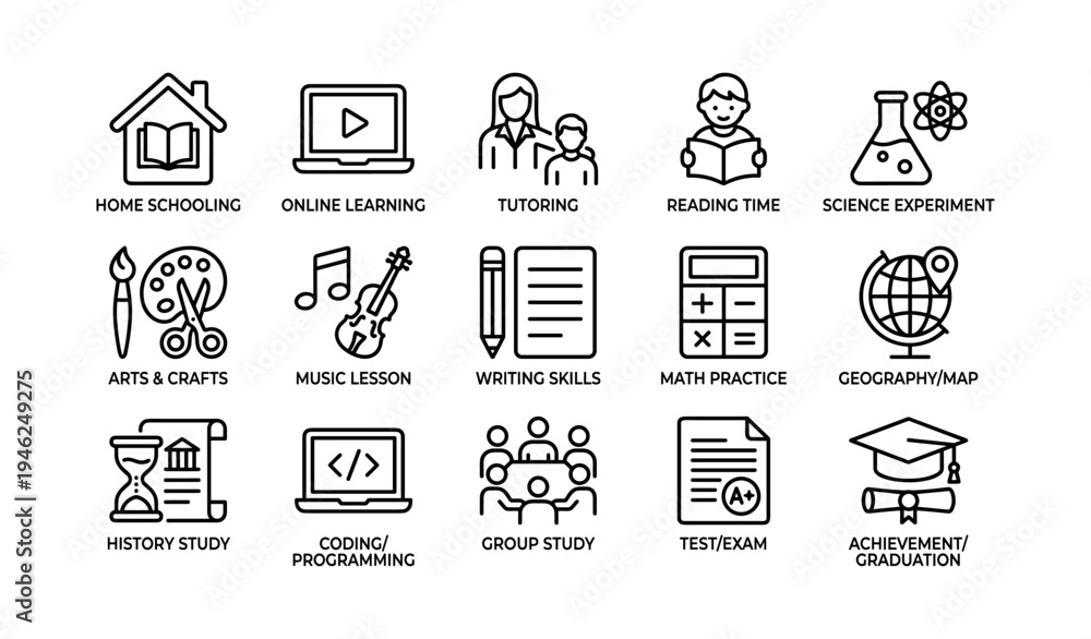 Fototapeta premium Education icons: home, learning, tutoring, reading, science, arts, music, writing, math