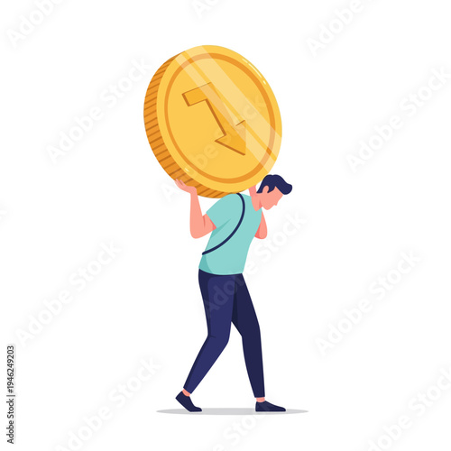 Man Carrying Large Gold Coin Burden, Financial Stress, Debt Concept