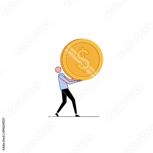 Man Carrying Large Gold Dollar Coin, Financial Success Concept