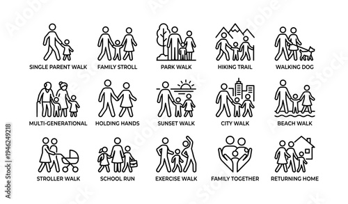 Icon set of diverse family activities: walking, hiking, strolling outdoors