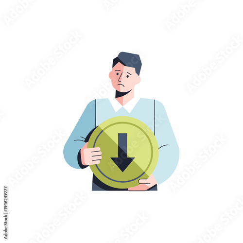 Man holding coin with downward arrow, symbolizing financial loss and economic downturn
