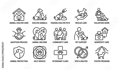 Animal shelter icons: rescue, adoption, volunteer work, pet support, veterinary care