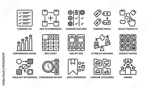 Comparison icons set: features, prices, products, ratings, categories