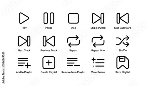 Media control icons set: play, pause, stop, skip, repeat, shuffle functions
