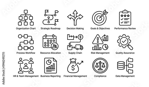 Business management icons: strategy, decision, goals, risk, compliance