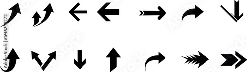 A collection of 12 unique black arrow icons pointing in various directions on a white background