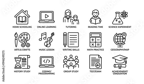 Education icons: home, learning, tutoring, reading, science, arts, music, writing, math