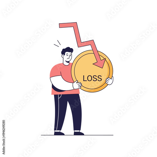 Man holding coin with loss arrow pointing downwards, financial crisis concept