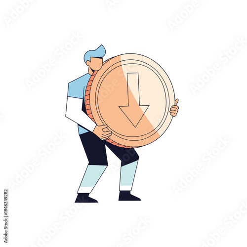 Man Holding Downward Arrow Coin, Financial Loss, Economic Downturn Concept