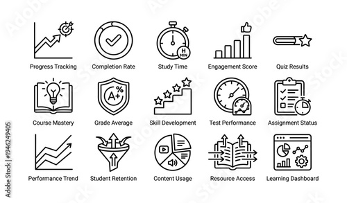 Icons illustrating educational performance metrics and student progress