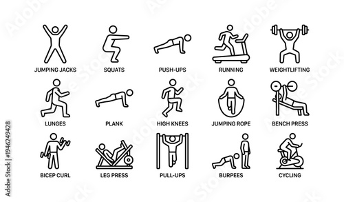 Exercise icons: jumping jacks, squats, push-ups, running, weightlifting, and more