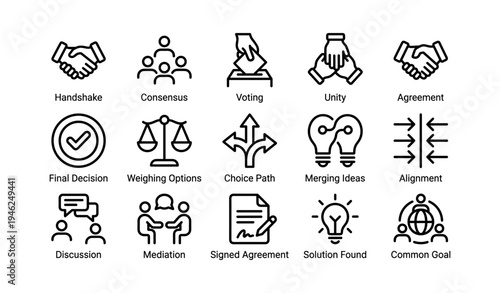 Icons representing teamwork, decision-making, and collaboration concepts