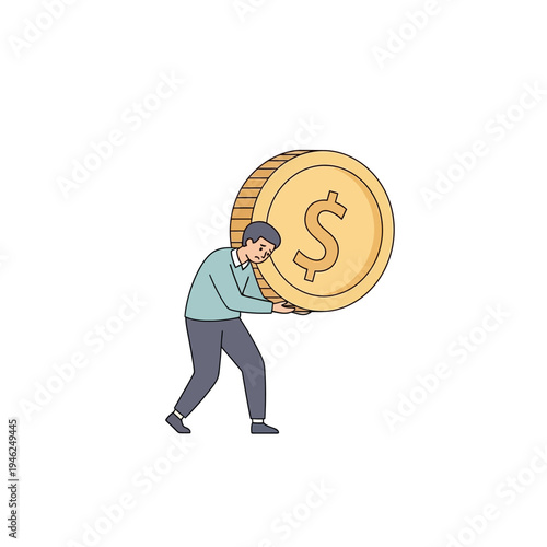 Man Struggling to Carry Large Gold Coin with Dollar Sign