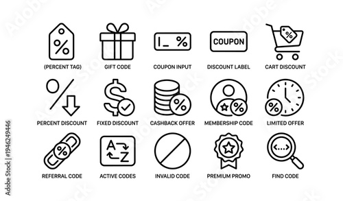 Discount and promo code icons: gift, coupon, cashback, offer, membership