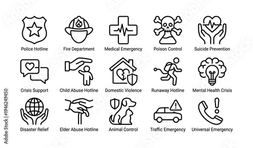 Emergency helpline icons: police, fire, medical, poison, suicide, support, abuse, violence, mental health, disaster, animal, traffic