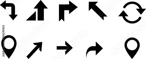 Collection of various black arrows and directional symbols on white background