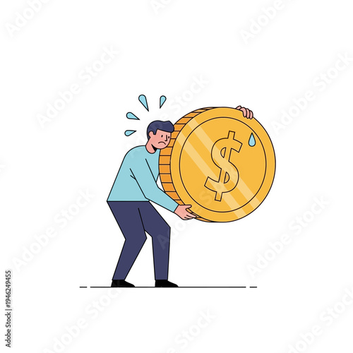 Man Struggling to Carry Large Gold Dollar Coin, Financial Burden Concept
