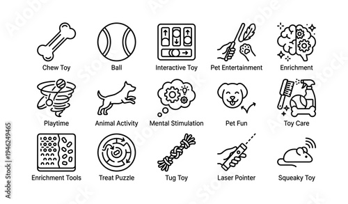 Pet toys and enrichment activities icons for interactive playtime and mental stimulation