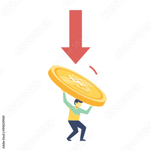 Man struggling under heavy falling coin, financial crisis concept