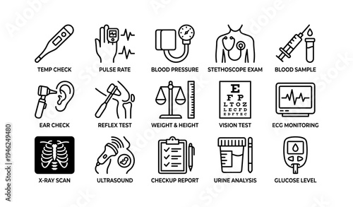 Medical icons set featuring health checkups and monitoring tools